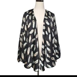 Very J Boho Black Feather Print 3/4 Sleeves Lined Open Kimono Cardigan Medium